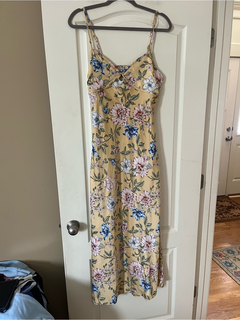 Thirty Thirty Floral Satin Slip Maxi Backless Dress in Yellow Juniors Size Large